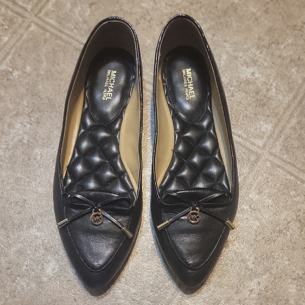 Michael Kors Black Leather Flats with Bow Detail